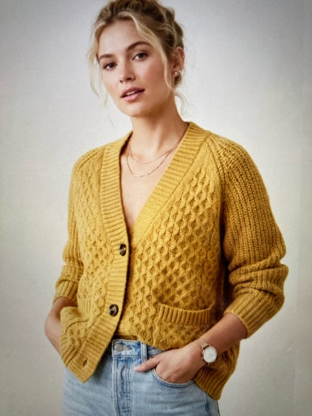Passenger Cozy Cabin Honeycomb Knit Cardigan Sweater Mustard Yellow Large